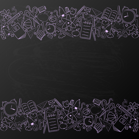 School layout of a flyer - background for school sale with sketchy accessories. Vector.のイラスト素材