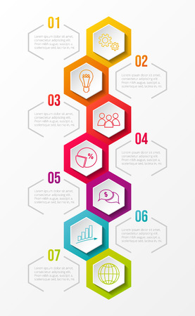 Hexagonal infographic with colourful business icons. Vector.のイラスト素材