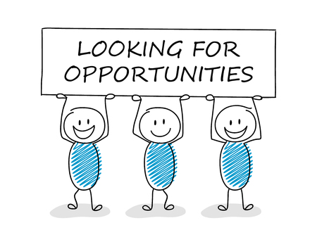 Business illustration concept with cartoon stickman holding board with text: looking for opportunities. Vector.のイラスト素材