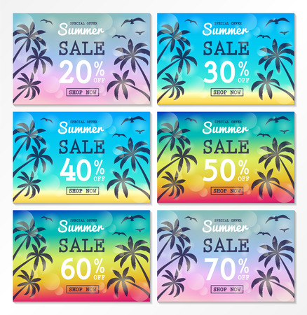 Summer Sale - set of flyers with tropical palms. Vector.のイラスト素材