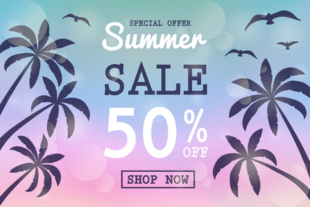 Summer Sale - shiny poster with palms and seagulls. Vector.のイラスト素材