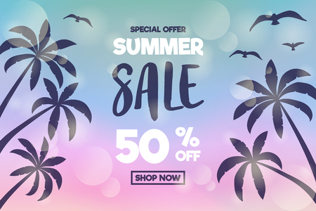 Summer Sale - banner with tropical palms. Vector.のイラスト素材