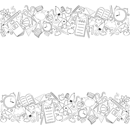 Back to school - layout of a poster with sketchy accessories nad copyspace. Vector.のイラスト素材