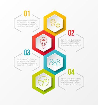 Hexagonal infographic with colourful business icons. Vector.のイラスト素材
