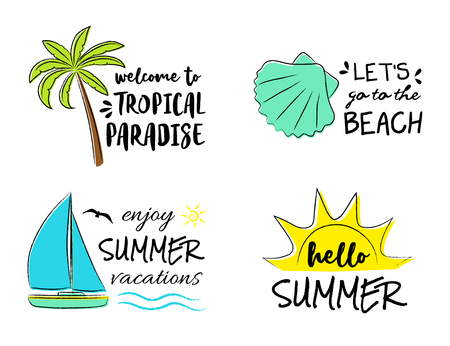 Summer doodles - multicolored icons with text. Vector.のイラスト素材