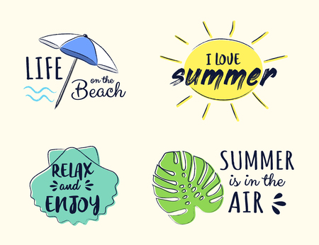 Collection of funny pastel coloured icon and icons - summer vacations. Vector.のイラスト素材