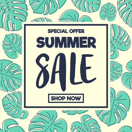 Concept of poster with tropical leaves for Summer Sale. Vector.のイラスト素材
