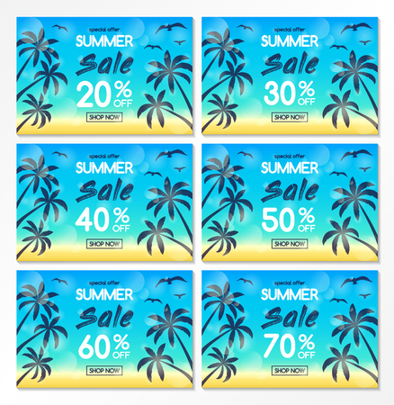 Summer Sale - collection of colourful banners with tropical palms. Vector.のイラスト素材