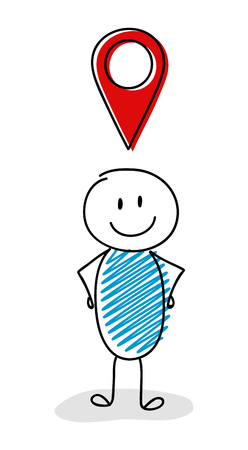 Smiley stickman with geotag (map pin) icon. Vector.のイラスト素材