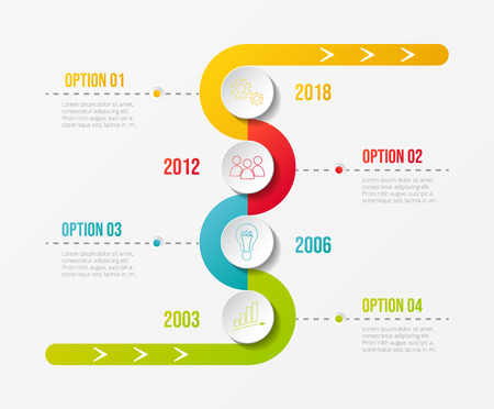 Colourful company timeline with round business icons. Vector.のイラスト素材