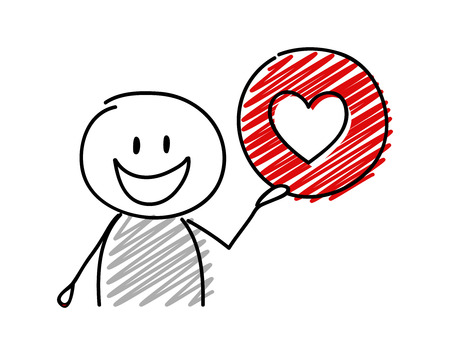 Stickman with happy facial expression holiding heart (social media) icon. Vector.のイラスト素材
