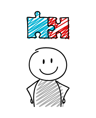 Stickman with smiley facial expression holiding puzzle icon - success concept icon. Vector.のイラスト素材