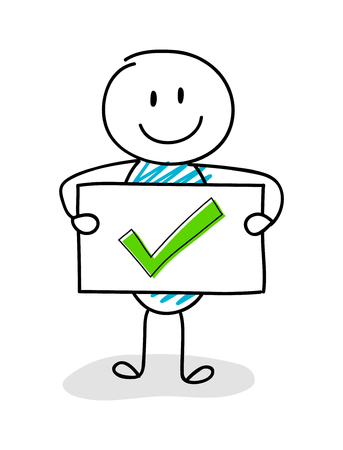 Smiley stickman holding board with tick mark (checkmark) icon. Vector.のイラスト素材