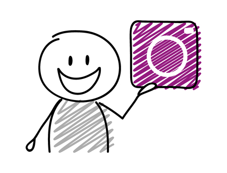 Stickman with happy facial expression holiding camera (social media) icon. Vector.のイラスト素材