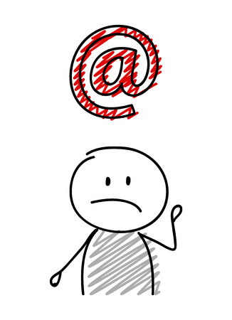 Stickman with sad facial expression holiding email adress icon. Vector.のイラスト素材