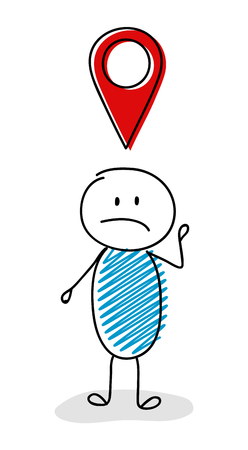 Sad stickman with geotag (map pin) icon. Vector.のイラスト素材