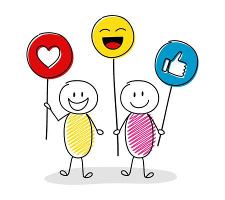 Group of people holding balloons with emoticons. Vector.のイラスト素材