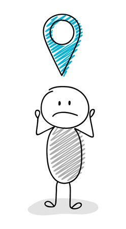 Cartoon stickman holding map pin (geotag) symbol. Vector.のイラスト素材