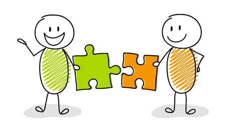 Happy stickman setting up puzzles - business concept. Vector.のイラスト素材