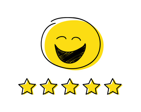 Rating icon - five stars. Yellow coloured happy stickman. Vector.のイラスト素材