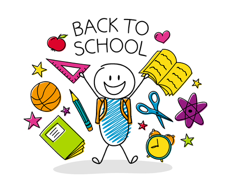 Welcome back to school - concept with funny cartoon character. Vector.のイラスト素材