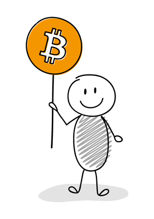 Smiley stickman holding hand drawn balloon with bitcoin. Vector.のイラスト素材