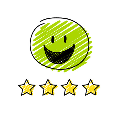 Review - four star rating. Happy green coloured stickman. Vector.のイラスト素材