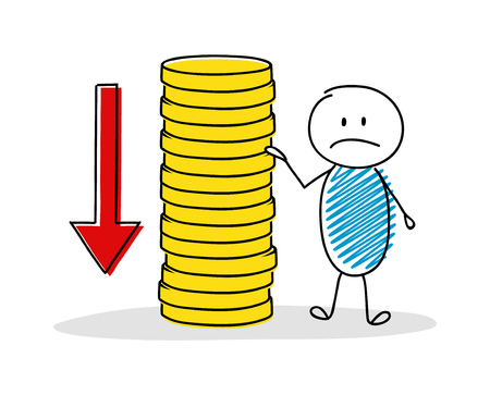 Business concept with hand drawn stickman showing coin stack. Vector.のイラスト素材