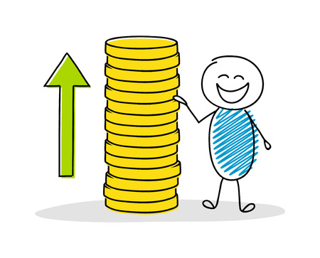 Business concept with hand drawn stickman showing coin stack. Vector.のイラスト素材