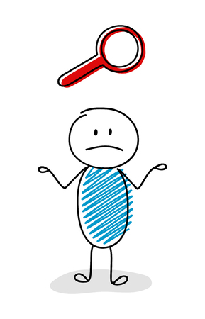 Confused stickman with magnifier (search) icon. Vector.のイラスト素材