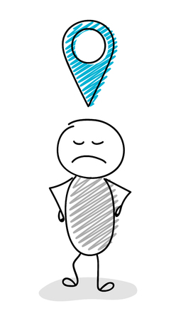 Cartoon stickman holding map pin (geotag) symbol. Vector.のイラスト素材