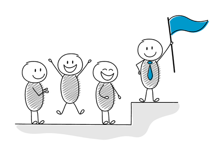 Funny cartoon stickmen with leader with flag standing on the top. Vector.のイラスト素材