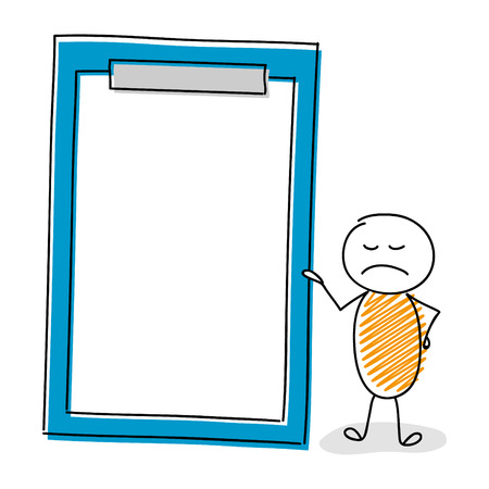 Angry cartoon stickman showing  clipboard with copyspace. Vector.のイラスト素材