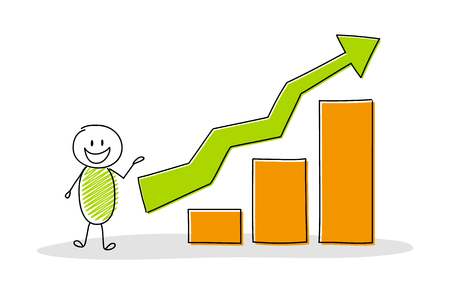 Hand drawn cartoon character with column graph. Vector.のイラスト素材