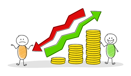 Happy cartoon businessmen holding coin stacks graph. Vector.のイラスト素材