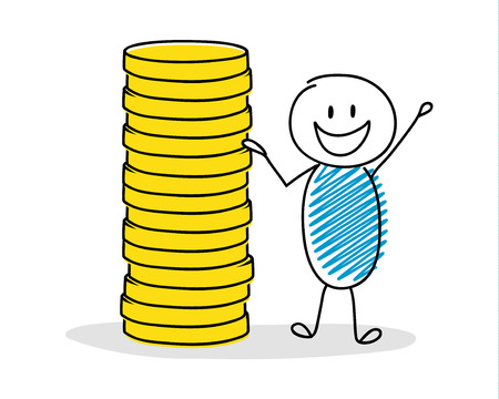 Cartoon stickman showing coin stack. Vector.のイラスト素材