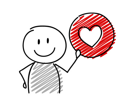 Stickman with smiley facial expression holiding heart (social media) icon. Vector.のイラスト素材