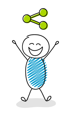 Happy stickman with share (social media) icon. Vector.のイラスト素材