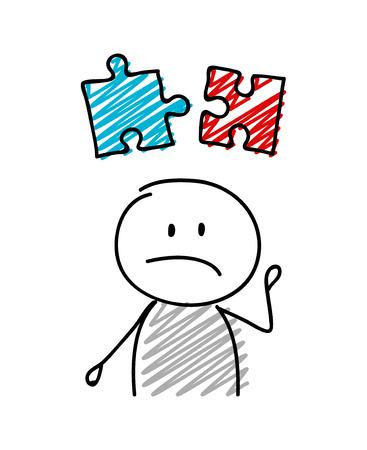 Stickman with sad facial expression holiding puzzle icon - success concept icon. Vector.のイラスト素材