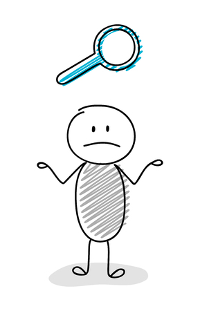 Cartoon stickman holding magnifier (search) symbol. Vector.のイラスト素材