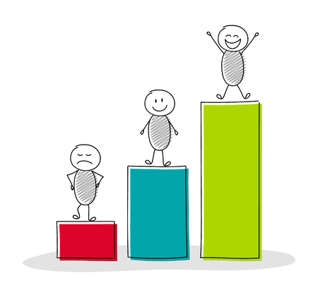Hand drawn illustration with rising column graph and cartoon people. Vector.のイラスト素材