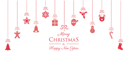 Christmas and New Year banner with hanging decorations. Vector.のイラスト素材