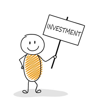 Funny stickman holding a banner with slogan: investment. Vector.のイラスト素材