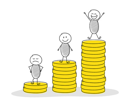 Hand drawn illustration with rising coin stacks graph and cartoon people. Vector.のイラスト素材