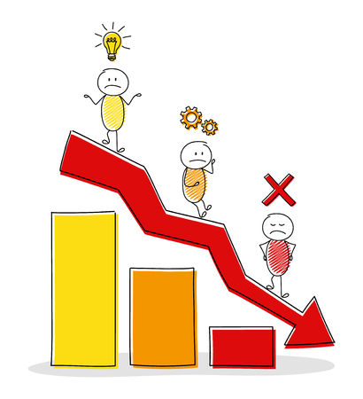 Business image concept with hand drawn stickmen, column graph and icons. Vector.のイラスト素材