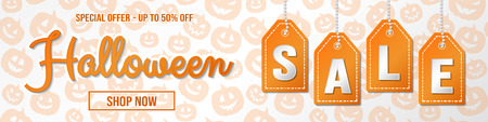 Concept of banner with pumpkin lantern for Halloween Sale. Vector.のイラスト素材