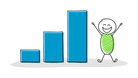 Funny businessman showing column graph. Vector.のイラスト素材