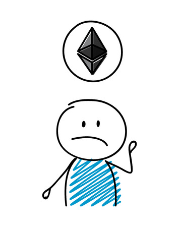 Sad stickman holding balloon with etherum icon. Vector.のイラスト素材