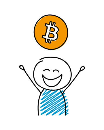 Happy stickman with bitcoin icon. Vector.のイラスト素材