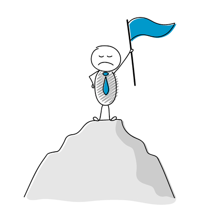 Angry stickman holding flag and standing on the top of a mountain - concept of boss. Vector.のイラスト素材